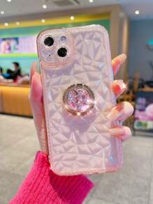 Rhombus Texture Phone Case With Rhinestone Ring Holder