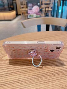 Rhombus Texture Phone Case With Rhinestone Ring Holder
