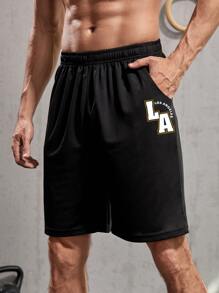 Manfinity Fitness Men Letter Graphic Sports Shorts Athletic Shorts - Black - View 1