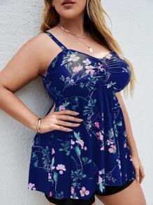 SHEIN Swim Curve Conjunto de tankini de talla grande con estampado floral, busto fruncido, top tipo camiseta fluida y shorts tankini en 2 piezas para traje de baño, para vacaciones de verano en la playa - Azul Marino - Ver 3