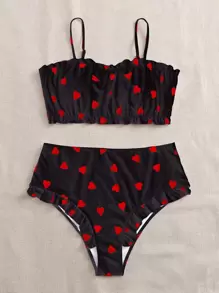 SHEIN Swim Curve Plus Size Heart Print Frill Trim Bikini Set Summer Beach - Black - View 1