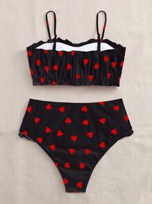 SHEIN Swim Curve Plus Size Heart Print Frill Trim Bikini Set Summer Beach - Black - View 2