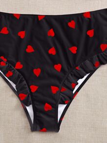 SHEIN Swim Curve Plus Size Heart Print Frill Trim Bikini Set Summer Beach - Black - View 3