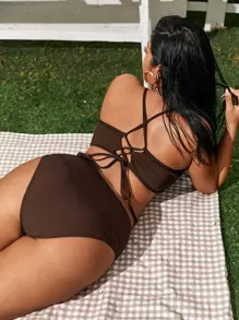 SHEIN Swim Curve Plus Ribbed Bikini Set Lace Up Back V Wired Cami Top & High Waisted Bottom 2 Piece Bathing Suit - Coffee Brown - View 1