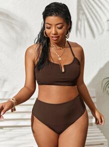 SHEIN Swim Curve Plus Ribbed Bikini Set Lace Up Back V Wired Cami Top & High Waisted Bottom 2 Piece Bathing Suit - Coffee Brown - View 2