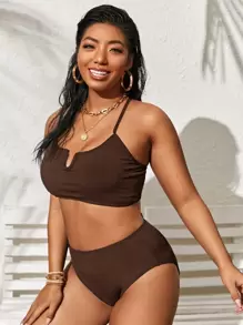 SHEIN Swim Curve Plus Ribbed Bikini Set Lace Up Back V Wired Cami Top & High Waisted Bottom 2 Piece Bathing Suit - Coffee Brown - View 3