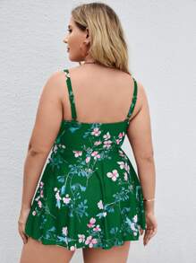 Plus Size Floral Print Ruched Shorts Swim Dress Summer Beach - Green - View 2