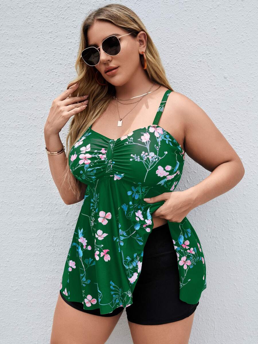Plus Size Floral Print Ruched Shorts Swim Dress Summer Beach - Green - View 1