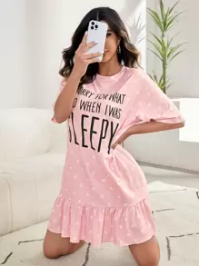 Váy ngủ & áo ngủ Nữ Viên lá sen Chấm bi Slogan Dễ thương - Màu Hồng baby - Xem 1