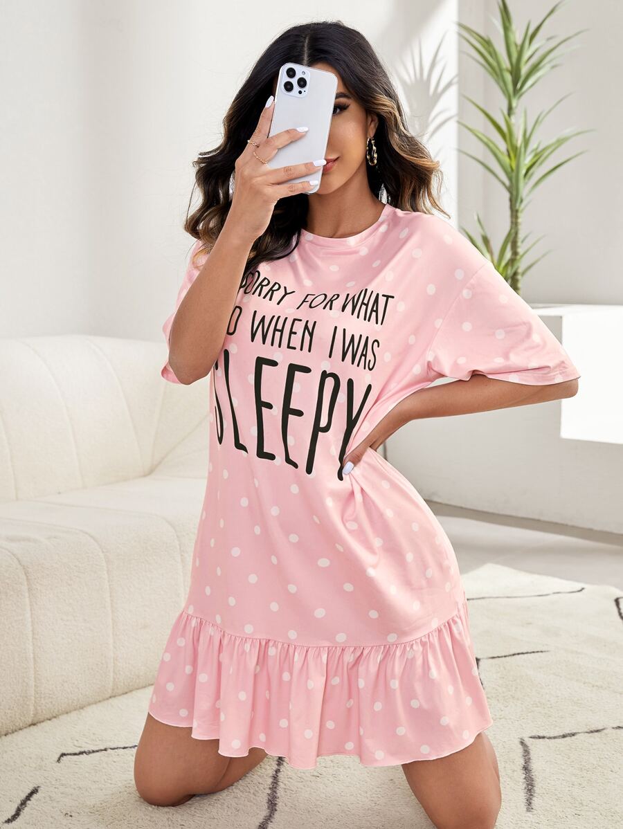 Váy ngủ & áo ngủ Nữ Viên lá sen Chấm bi Slogan Dễ thương - Màu Hồng baby - Xem 1