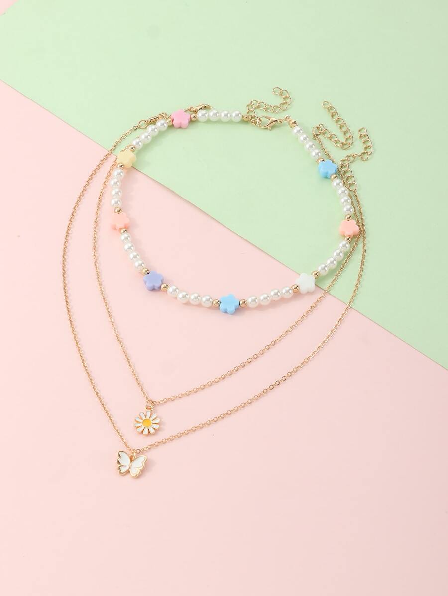 3入組女孩蝴蝶和花朵掛飾項鍊