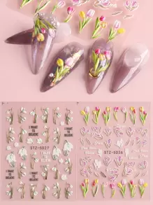 FULL BEAUTY 2sheets 5D Embossed Tulip Pattern Nail Art Sticker - Multicolor - View 1
