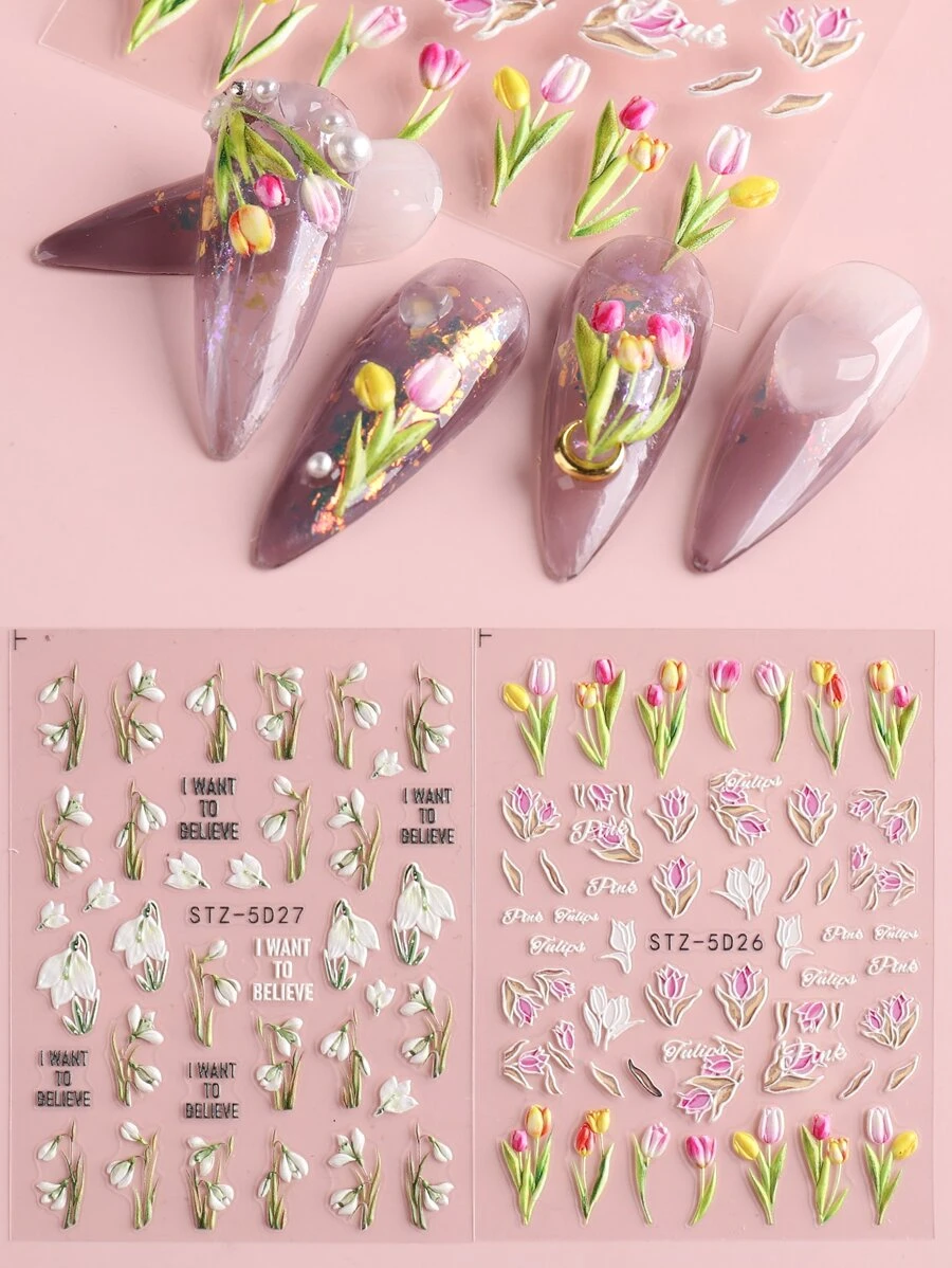 FULL BEAUTY 2sheets 5D Embossed Tulip Pattern Nail Art Sticker - Multicolor - View 1