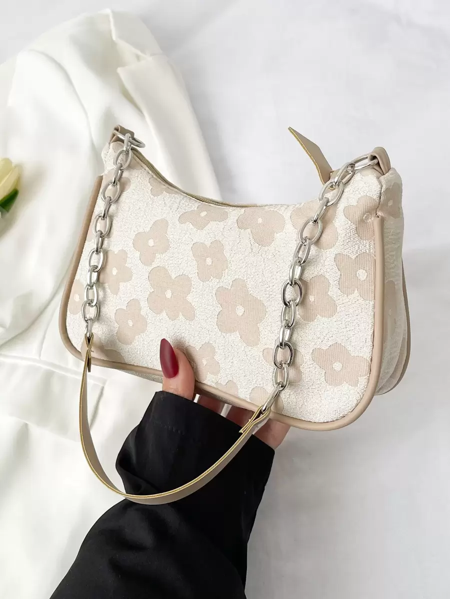 Floral Printed Shoulder Bag Floral Shaped Chain Underarm Bag Versatile PU Leather Women's Bag Jacquard Chain Decor Bag Jacquard Chain Decor Bag