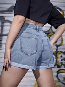 SHEIN ICON Plus Slant Pocket Roll Hem Denim Shorts Without Belt - Light Wash - View 2