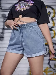 SHEIN ICON Plus Slant Pocket Roll Hem Denim Shorts Without Belt - Light Wash - View 4