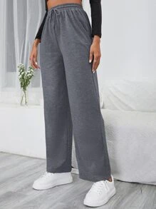 SHEIN Frenchy Pantalones deportivos unicolor de cintura con cordón - Gris Oscuro - Ver 1