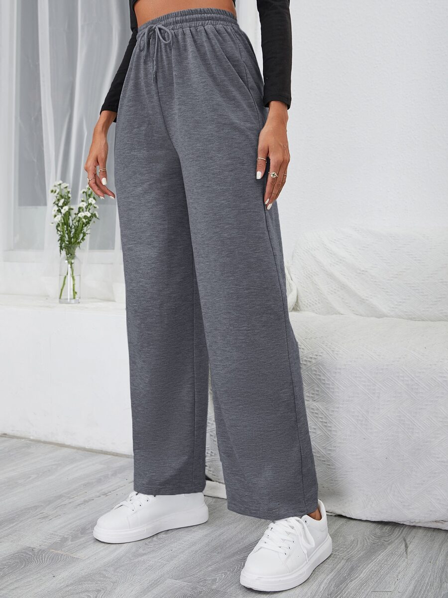 SHEIN Frenchy Pantalones deportivos unicolor de cintura con cordón - Gris Oscuro - Ver 1