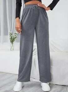 SHEIN Frenchy Pantalones deportivos unicolor de cintura con cordón - Gris Oscuro - Ver 3