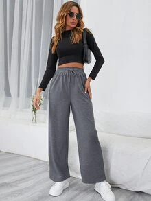 SHEIN Frenchy Pantalones deportivos unicolor de cintura con cordón - Gris Oscuro - Ver 4