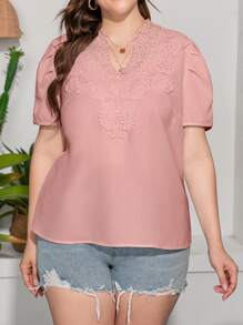 Calvaya 大碼拼接水溶蕾絲泡泡袖襯衫 - 淺粉色 - 查看 5