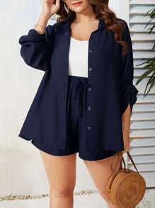 SHEIN Holidaya Plus Solid Top & Button Through Roll Up Sleeve Blouse & Tie Front Shorts - Navy Blue - View 1