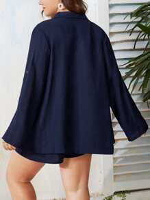 SHEIN Holidaya Plus Solid Top & Button Through Roll Up Sleeve Blouse & Tie Front Shorts - Navy Blue - View 2