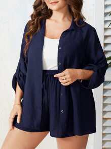 SHEIN Holidaya Plus Solid Top & Button Through Roll Up Sleeve Blouse & Tie Front Shorts - Navy Blue - View 3