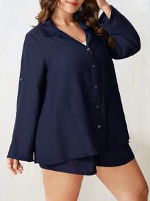 SHEIN Holidaya Plus Solid Top & Button Through Roll Up Sleeve Blouse & Tie Front Shorts - Navy Blue - View 4