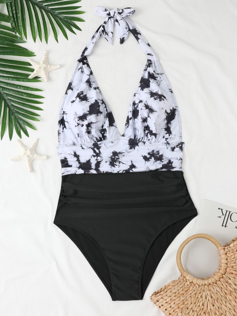 SHEIN Swim Curve Plus Size Tie Dye Halter One Piece Swimsuit Summer - Black and White - View 1