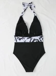 SHEIN Swim Curve Plus Size Tie Dye Halter One Piece Swimsuit Summer - Black and White - View 2