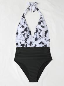 SHEIN Swim Curve Plus Size Tie Dye Halter One Piece Swimsuit Summer - Black and White - View 3