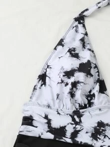 SHEIN Swim Curve Plus Size Tie Dye Halter One Piece Swimsuit Summer - Black and White - View 5