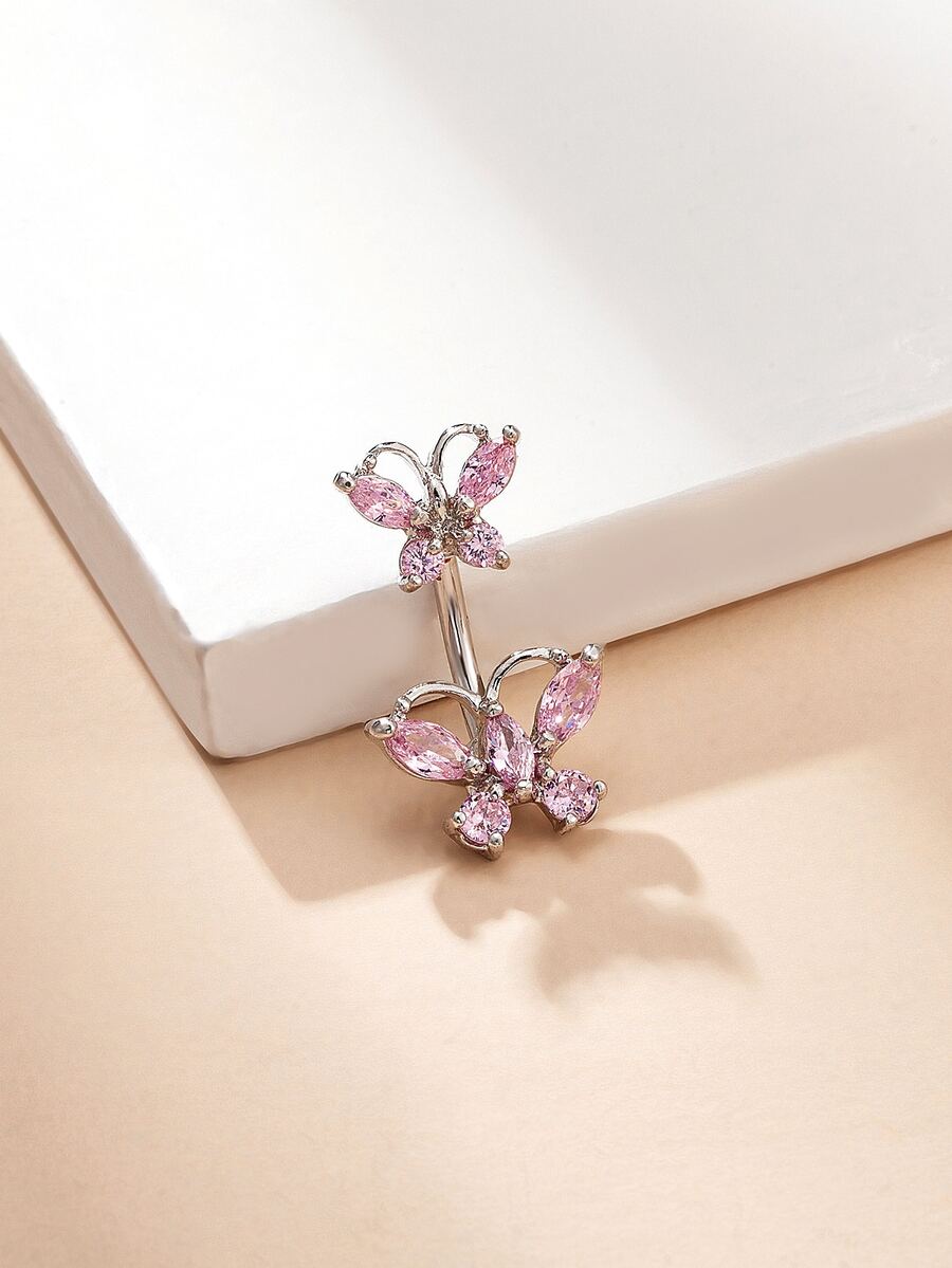 Cubic Zirconia Butterfly Decor Navel Belly Ring - Baby Pink - View 1