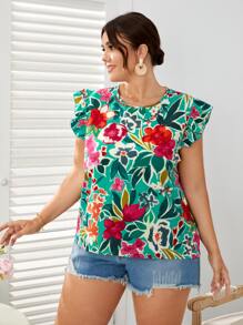 SHEIN LUNE Plus Floral Print Ruffle Trim Top