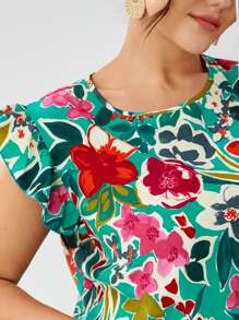 SHEIN LUNE Plus Floral Print Ruffle Trim Top