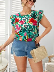 SHEIN LUNE Plus Floral Print Ruffle Trim Top