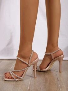 女士水鑽裝飾細跟露跟魅力四射夏天高跟涼鞋 - 香檳色 - 查看 4