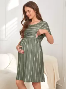 Maternity Striped Nursing Night Dress - Army Green - View 1