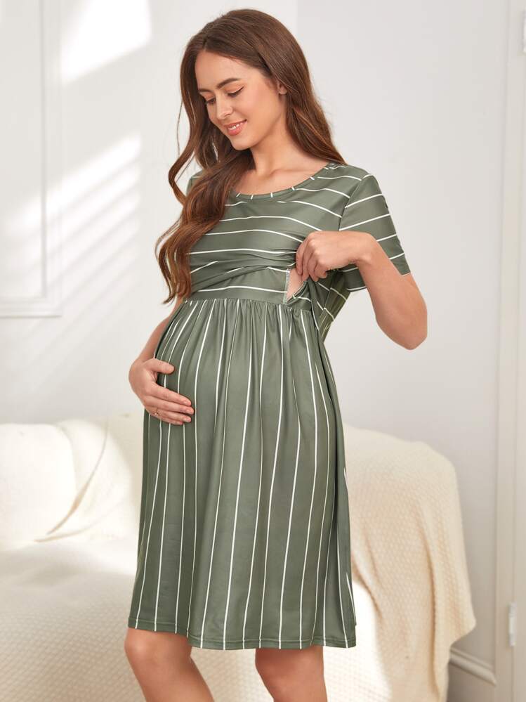 Maternity Striped Nursing Night Dress - Army Green - View 1