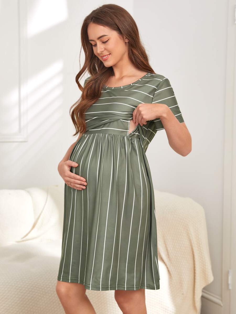 Maternity Striped Nursing Night Dress - Army Green - View 1