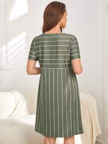 Maternity Striped Nursing Night Dress - Army Green - View 2