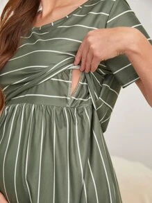 Maternity Striped Nursing Night Dress - Army Green - View 5
