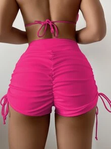 SHEIN Swim Đáy Bikini Nữ Dây kéo Thắt nút Xù màu trơn Giải trí - Màu Hồng Tươi - Xem 1