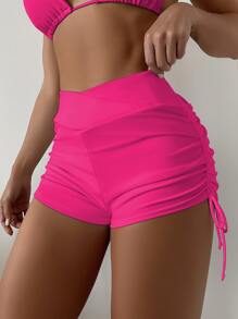 SHEIN Swim Đáy Bikini Nữ Dây kéo Thắt nút Xù màu trơn Giải trí - Màu Hồng Tươi - Xem 2