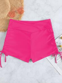 SHEIN Swim Đáy Bikini Nữ Dây kéo Thắt nút Xù màu trơn Giải trí - Màu Hồng Tươi - Xem 4