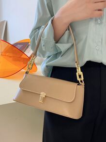 1 bolso de hombro de moda de PU con unicolor, diseño portátil y cierre con bloqueo - Caqui - Ver 4