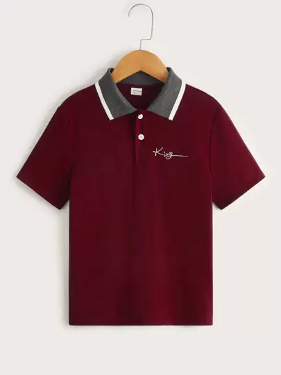 SHEIN Tween Boy Color Block Polo Shirt With Letter Patterned Collar, Short Sleeve And Casual, Summer