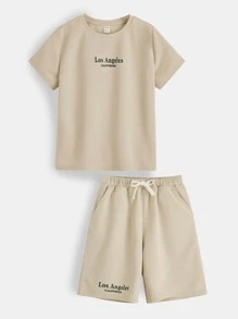 SHEIN Bộ hai mảnh Trai Dây kéo Túi Lá thư Giải trí - Màu Khaki - Xem 1