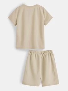 SHEIN Bộ hai mảnh Trai Dây kéo Túi Lá thư Giải trí - Màu Khaki - Xem 2